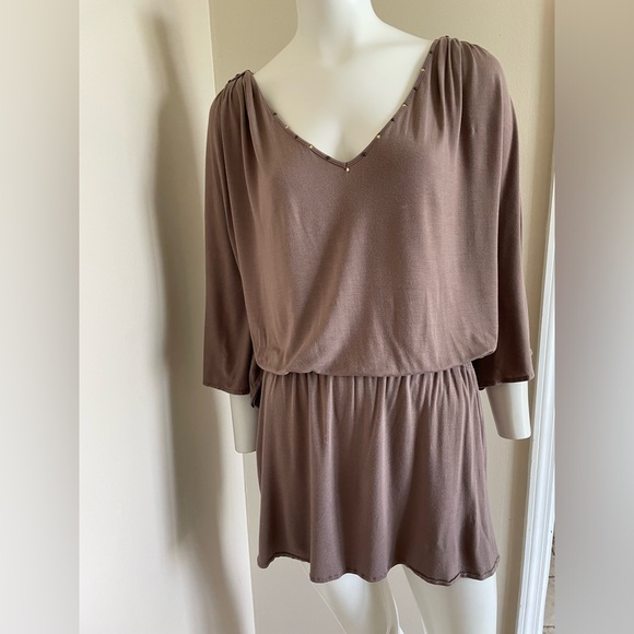 Vintage Y2K Cache Tunic Mini Dress Cold Shoulder Honey Beige Size Medium - Picture 4 of 15